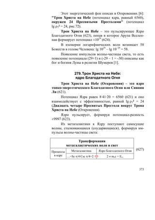 Этот энергетический фон описан в Откровениях [6]:
"Трон Христа на Небе (потенциал ядра, равный 6560),
окружен 24 Пресвятыми Престолами" (потенциал
lg ρ3² = 24, рис.72).
       Трон Христа на Небе – это пульсирующее Ядро
Благодатного Огня (623), попав в которое Арупа Вселен-
ная формирует потенциал ±1029 (624).
       В изомерии логарифмических волн возникает 58
Божеств в голове Человека: lg 1029 – lg 10−29 = 58.
       Появление импульсов волны-частицы света, то есть
появление потенциала (29+1) и (-29 – 1 = -30) описаны как
бог и богиня Луны в религии Шумеров [1].


              279. Трон Христа на Небе:
              ядро Благодатного Огня
     Трон Христа на Небе (Откровения) – это ядро
тонко-энергетического Благодатного Огня или Сияния
Ли (621).
     Потенциал Ядра равен 8·41·20 = 6560 (621) и оно
взаимодействует с эффективностью, равной lg ρ3² = 24
(Двадцать четыре Пресвятых Престола вокруг Трона
Христа на Небе (Откровения).
     Ядро пульсирует, формируя потенциал-разность
±9997 (623).
     Из метагалактики к Ядру поступают самосущие
волны, сталкивающиеся (соударяющиеся), формируя им-
пульсы волны-частицы света:

               Трансформация
        метагалактических волн в свет
          Метагалактика      Ядро Благодатного Огня   (627)
Процессы
 в ядре …=Sc π/4·Csc π/4=2        2 ≡ mcc + Eλ.



                                                        373
 