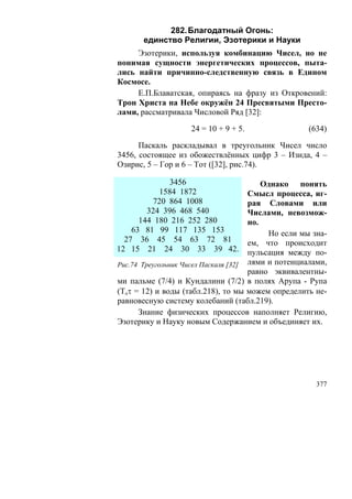 282. Благодатный Огонь:
       единство Религии, Эзотерики и Науки
     Эзотерики, используя комбинацию Чисел, но не
понимая сущности энергетических процессов, пыта-
лись найти причинно-следственную связь в Едином
Космосе.
     Е.П.Блаватская, опираясь на фразу из Откровений:
Трон Христа на Небе окружён 24 Пресвятыми Престо-
лами, рассматривала Числовой Ряд [32]:

                    24 = 10 + 9 + 5.                (634)

      Паскаль раскладывал в треугольник Чисел число
3456, состоящее из обожествлённых цифр 3 – Изида, 4 –
Озирис, 5 – Гор и 6 – Тот ([32], рис.74).

              3456                        Однако понять
           1584 1872                  Смысл процесса, иг-
         720 864 1008                 рая Словами или
        324 396 468 540               Числами, невозмож-
      144 180 216 252 280             но.
    63 81 99 117 135 153                   Но если мы зна-
  27 36 45 54 63 72 81                ем, что происходит
12 15 21 24 30 33 39 42.              пульсация между по-
Рис.74 Треугольник Чисел Паскаля [32] лями и потенциалами,
                                      равно эквивалентны-
ми пальме (7/4) и Кундалини (7/2) в полях Арупа - Рупа
(Toτ = 12) и воды (табл.218), то мы можем определить не-
равновесную систему колебаний (табл.219).
      Знание физических процессов наполняет Религию,
Эзотерику и Науку новым Содержанием и объединяет их.




                                                       377
 