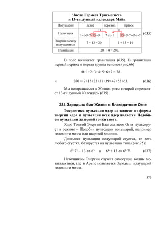 Число Гермеса Трисмегиста
          и 13-ти лунный календарь Майи
    Полушария         левое         переход          правое
                              13              13
    Пульсация
                   1⇔6²·7–13=6²      7⇔1           13+6²·7≡6³⇔7
                                                                  (635)
Энергия между
                      7 + 13 = 20              1 + 13 = 14
полушариями
    Гравитация                    20 · 14 = 280.

     В поле возникает гравитация (635). В гравитации
первый период и первая группа геномов (рис.66)

                    0+1+2+3+4+5+6+7 = 28

и               280 = 7+15+23+31+39+47+55+63.                     (636)

      Мы возвращаемся к Жизни, ритм которой определя-
ет 13-ти лунный Календарь (635).


    284. Зародыш био-Жизни в Благодатном Огне
      Энергетика пульсации ядер не зависит от формы
энергии ядра и пульсация всех ядер является Подоби-
ем пульсации лазерной точки света.
      Ядро Тонкой Энергии Благодатного Огня пульсиру-
ет в режиме – Подобии пульсации полушарий, например
головного мозга или шаровой молнии.
      Динамика пульсации полушарий сгустка, то есть
любого сгустка, базируется на пульсации типа (рис.75):

            6²·7² – 13 ⇔ 6³    и      6³ + 13 ⇔ 6²·7².            (637)

      Источником Энергии служат самосущие волны ме-
тагалактики, где в Арупе появляется Зародыш полушарий
головного мозга.

                                                                    379
 