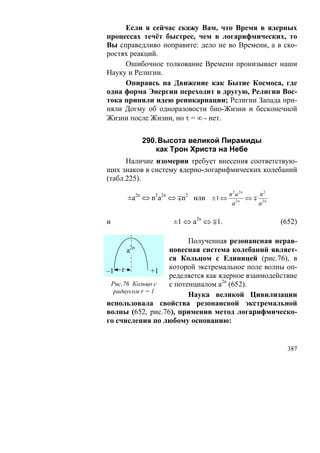 Если я сейчас скажу Вам, что Время в ядерных
процессах течёт быстрее, чем в логарифмических, то
Вы справедливо поправите: дело не во Времени, а в ско-
ростях реакций.
     Ошибочное толкование Времени пронизывает наши
Науку и Религии.
     Опираясь на Движение как Бытие Космоса, где
одна форма Энергии переходит в другую, Религии Вос-
тока приняли идею реинкарнации; Религии Запада при-
няли Догму об одноразовости био-Жизни и бесконечной
Жизни после Жизни, но τ = ∞ - нет.


           290. Высота великой Пирамиды
               как Трон Христа на Небе
      Наличие изомерии требует внесения соответствую-
щих знаков в систему ядерно-логарифмических колебаний
(табл.225).

                                     n2a 2n     n2
      ±a2n ⇔ n2a2n ⇔ ∓n2 или ± 1 ⇔          ⇔ ∓ 2n
                                      a 2n     a

и                  ±1 ⇔ a2n ⇔ ∓1.                    (652)

                        Полученная резонансная нерав-
      2n
      a           новесная система колебаний являет-
                  ся Кольцом с Единицей (рис.76), в
                  которой экстремальное поле волны оп-
–1 r           +1
                  ределяется как ядерное взаимодействие
 Рис.76 Кольцо с  с потенциалом а2n (652).
  радиусом r = 1
                        Наука великой Цивилизации
использовала свойства резонансной экстремальной
волны (652, рис.76), применив метод логарифмическо-
го счисления по любому основанию:


                                                       387
 