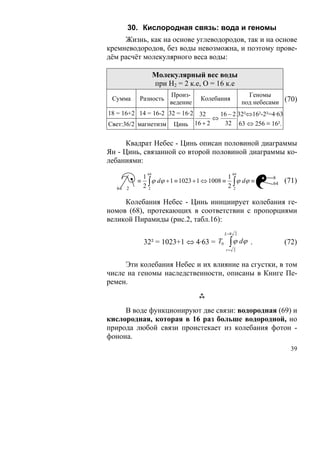 30. Кислородная связь: вода и геномы
     Жизнь, как на основе углеводородов, так и на основе
кремневодородов, без воды невозможна, и поэтому прове-
дём расчёт молекулярного веса воды:

                     Молекулярный вес воды
                     при Н2 = 2 к.е, О = 16 к.е
                          Произ-                         Геномы
                                                       под небесами (70)
 Сумма     Разность                  Колебания
                          ведение
18 = 16+2 14 = 16-2 32 = 16·2 32   16 − 2 32²⇔16²-2²=4·63
                                 ⇔
Свет:36/2 магнетизм Цинь 16 + 2     32 63 ⇔ 256 ≡ 16².


      Квадрат Небес - Цинь описан половиной диаграммы
Ян - Цинь, связанной со второй половиной диаграммы ко-
лебаниями:
                64                               64
               1                                1               8

  64   2
           ≡
               22∫ ϕ dϕ + 1 ≡ 1023 + 1 ⇔ 1008 ≡ 2 ∫ ϕ dϕ ≡ .
                                                  2
                                                                64   (71)

     Колебания Небес - Цинь инициирует колебания ге-
номов (68), протекающих в соответствии с пропорциями
великой Пирамиды (рис.2, табл.16):
                                              L =8 2

               32² = 1023+1 ⇔ 4·63 = T0         ∫ ϕ dϕ   .           (72)
                                              r= 2


     Эти колебания Небес и их влияние на сгустки, в том
числе на геномы наследственности, описаны в Книге Пе-
ремен.


     В воде функционируют две связи: водородная (69) и
кислородная, которая в 16 раз больше водородной, но
природа любой связи проистекает из колебания фотон -
фонона.
                                                                       39
 