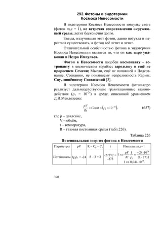 292. Фотоны в эндотермии
                 Космоса Невесомости
      В эндотермии Космоса Невесомости импульс света
(фотон mcc = 1), не встречая сопротивления окружаю-
щей среды, летит бесконечно долго.
      Звезда, излучившая этот фотон, давно потухла и пе-
рестала существовать, а фотон всё летит и летит.
      Отличительной особенностью фотона в эндотермии
Космоса Невесомости является то, что он как ядро упа-
кован в Недра Импульса.
      Фотон в Невесомости подобен космонавту - ас-
тронавту в космическом корабле; зародышу в ещё не
проросшем Семени; Мысли, ещё не попавшей в Подсоз-
нание; Сознанию, не понявшему непреложность Кармы;
Сну, лишённому Сновидений [3].
      В эндотермии Космоса Невесомости фотон-ядро
реализует дальнодействующие гравитационные взаимо-
действия (ρ1 = 10-24) в среде, описанной уравнением
Д.И.Менделеева:
                    pV
                    Rt
                                   (       )
                       = Const = ρ1 = 10−24 ,              (657)

где р – давление,
    V – объём,
    t – температура,
    R – газовая постоянная среды (табл.226).
                                          Таблица 226
      Потенциальная энергия фотона в Невесомости
Параметры      pV        R = Cp – Cv   t        Импульс mcc=1
                                             pV 1 − 24 ⋅1024
                                -273°С = 1 ⇔       ≡
Потенциалы lg ρ1 = -24    5–3=2              Rt ρ1   2(− 273)
                                  -273
                                            1 ⇔ 0,044·1024.



390
 