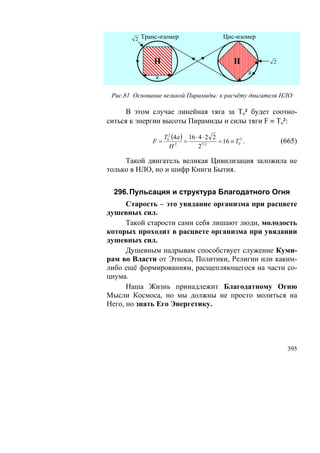 2 Транс-изомер                      Цис-изомер


              Н                                  Н           2
                                                         a
               a

 Рис.81 Основание великой Пирамиды: к расчёту двигателя НЛО

     В этом случае линейная тяга за То² будет соотно-
ситься к энергии высоты Пирамиды и силы тяги F ≡ То²:

                   T02 (4a ) 16 ⋅ 4 ⋅ 2 2
              F=            =             = 16 ≡ T02 .           (665)
                     H2           27 2

     Такой двигатель великая Цивилизация заложила не
только в НЛО, но и шифр Книги Бытия.


 296. Пульсация и структура Благодатного Огня
      Старость – это увядание организма при расцвете
душевных сил.
      Такой старости сами себя лишают люди, молодость
которых проходит в расцвете организма при увядании
душевных сил.
      Душевным надрывам способствует служение Куми-
рам во Власти от Этноса, Политики, Религии или каким-
либо ещё формированиям, расщепляющегося на части со-
циума.
      Наша Жизнь принадлежит Благодатному Огню
Мысли Космоса, но мы должны не просто молиться на
Него, но знать Его Энергетику.




                                                                   395
 