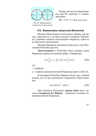 h         h=1/2           Четыре амплитуды формовщи-
 λ         λ                ков (рис.85) приводят к взаимо-
     h          h           действиям
                               4(h = 1/2) = 2 ≡ lg ρ1 ρ2 ρ3 ρ4 ρ5.
 Рис.85 Формовщики:
встречные волны света

     313. Взаимосвязь импульсов Вселенной
      Великая Цивилизация использовало Двойку как ра-
диус окружности, в которую вписала основание Пирами-
ды, удваивая площади последующих квадратов, строя их
на диагоналях предыдущих
      Великая Пирамида описывала импульсы в поле Все-
ленной Oi-Ha-Hou (рис.83).
      Треугольником в Oi-Ha-Hou была площадь грани
Пирамиды, равная по величине ребру L Пирамиды:

            L ≡ ⎛ ⋅ a = 8⋅2 2 ≡ 8 2 ⎞ ≡ 8 2 ,
                  1    1
                ⎜                   ⎟                       (704)
                    ⎝2      2             ⎠
где:
  - апофема,
а – сторона основания великой Пирамиды (рис.4, табл.14).
     В изомерии Oi-Ha-Hou Пирамид будет две, а граней
восемь, что в 8 раз увеличивает поверхность Треугольни-
ков.

                       8L ≡ 8·8 2 = 64 2 .                  (705)

      При описании Вселенной гранью Куба будет яв-
ляться квадратом без Формы – эквивалент площади ос-
нования великой Пирамиды.


                                                              417
 