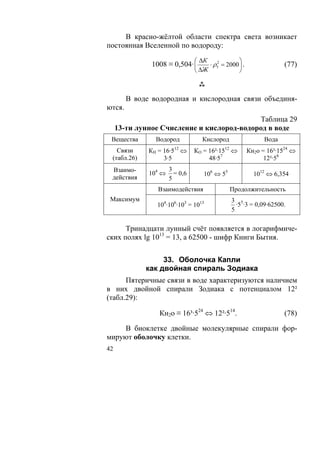 В красно-жёлтой области спектра света возникает
постоянная Вселенной по водороду:
                                  ΔК
               1008 ≡ 0,504· ⎛
                             ⎜
                                                  ⎞
                                     ⋅ ρ52 = 2000 ⎟ .                (77)
                                ⎝ ΔЖ              ⎠



        В воде водородная и кислородная связи объединя-
ются.
                                            Таблица 29
     13-ти лунное Счисление и кислород-водород в воде
 Вещества       Водород            Кислород                   Вода
   Связи      КН = 16·512 ⇔     КО = 16²·1512 ⇔         Кн2о = 16³·1524 ⇔
 (табл.26)         3·5               48·57                    12²·58
 Взаимо-              3
              104 ⇔     = 0,6      106 ⇔ 55               1012 ⇔ 6,354
 действия             5
                 Взаимодействия               Продолжительность
 Максимум                                      3 5
                104·106·103 = 1013               ·5 ·3 = 0,09·62500.
                                               5

      Тринадцати лунный счёт появляется в логарифмиче-
ских полях lg 1013 = 13, а 62500 - шифр Книги Бытия.


                  33. Оболочка Капли
             как двойная спираль Зодиака
      Пятеричные связи в воде характеризуются наличием
в них двойной спирали Зодиака с потенциалом 12²
(табл.29):

                 Кн2о ≡ 16³·524 ⇔ 12²·514.                           (78)

    В биоклетке двойные молекулярные спирали фор-
мируют оболочку клетки.
42
 