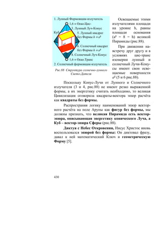 1. Лунный Формовщик-излучатель           Освещаемые этими
          1,6 ≡ Oeao.Цис-            излучателями площади
           3. Лунный Луч-Конус       на уровне h, равны
Куб             5. Лунный квадрат    площади       основания
                без Формы h ≡ a²     (а² = 8 = h) великой
                                     Пирамиды (рис.88).
      а²
                6. Солнечный квадрат     При движении на-
                без Формы h ≡ a²     встречу друг другу и в
           4. Солнечный Луч-Конус    условиях       цис-транс
          1,6 ≡ Oeao.Транс           изомерии лунный и
2. Солнечный формовщик-излучатель    солнечный Лучи-Кону-
 Рис.88 Структура солнечно-лунного   сы имеют свои осве-
           Свето-Дателя              щаемые поверхности
                                     а² (5 и 6 рис.88).
       Поскольку Конус-Лучи от Лунного и Солнечного
излучателя (3 и 4, рис.88) не имеют резко выраженной
формы, а их энергетику считать необходимо, то великая
Цивилизация оговорила квадраты-вектора эпюр расчёта
как квадраты без формы.
       Распространяя логику наименований эпюр вектор-
ного расчёта на поле Арупы как фигур без формы, мы
должны признать, что великая Пирамида есть вектор-
эпюра, описывающая энергетику конического Луча, а
Куб – вектор-эпюра Сферы (рис.88).
       Диктуя с Небес Откровения, Иисус Христос вновь
воспользовался эпюрой без формы: Он диктовал фразу,
давал к ней математический Ключ и геометрическую
Форму [5].




430
 