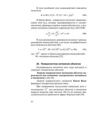 В поле колебаний этих взаимодействий появляется
магнетизм:

          0 ⇔ 98·1,1·2,5 – 9²·3,5 = 14 ≡ μμ * .      (89)

     В Центр Диска - поверхности поступают гравитаци-
онные поля (ρ1), которые трансформируются в электро-
магнитные, формируя ядерные взаимодействия (ρ4), а воз-
никает потенциал-эквивалент еврейскому богу Айн СОФ:

                    ρ3       1012
               ρ4      ≡ 1014 − 24 = 1050 ⇔ 50 .     (90)
                    ρ1       10

      В поле резонансного равновесия возникнут границы
расширения взаимодействий, а ив полях логарифмических
волн появляются оболочки (90):

       1 ⇔ 1050 : 50 ≡ 0,2·1049 ⇔ 0,2·(1049 ⇔ 49),   (91)

где: 1049 - предел в области расширения взаимодействий;
     49 - потенциал оболочки [22].


     36. Поверхностное натяжение оболочек
     Расширяющееся магнитное поле ядер находится в
ловушках электрических оболочек.
     Энергия поверхностного натяжения оболочек оп-
ределяется как отношение электрического потенциала
к магнитному (табл.30).
     Энергия поверхностного натяжения Капли Воды
формирует водород-кислородные связи.
     При непрерывном поступлении самосущих волн с
               12
потенциалом 2 под магнитную оболочку в магнитном
ядерном веществе (при частотах 106 Гц на единицу про-
должительности) проявляется эффект Кирлиан (табл.30):


46
 