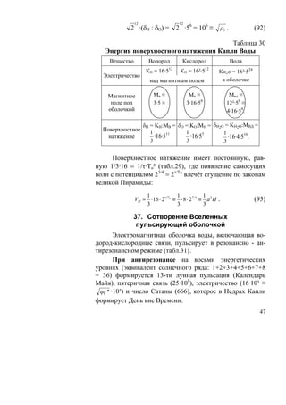 12                   12
            2 ·(δH : δO) =         2 ·56 = 106 ≡     ρ3 .             (92)

                                        Таблица 30
   Энергия поверхностного натяжения Капли Воды
    Вещество          Водород        Кислород               Вода
                     КН = 16·512    КО = 16²·512     Кн2о = 16³·524
  Электричество
                      над магнитным полем             в оболочке

    Магнитное           Мв ≡              Мк ≡            Мвд ≡
     поле под           3·5 ≡            3·16·58         12²·58 ≡
    оболочкой                                            4·16·58.

                    δH = KH:MB = δO = KO:MH = δH2O = KH2O:MBД =
  Поверхностное        1            1             1
    натяжение            ·16·511      ·16·55        ·16·4·516.
                       3            3             3

      Поверхностное натяжение имеет постоянную, рав-
ную 1/3·16 ≡ 1/τ·То² (табл.29), где появление самосущих
волн с потенциалом 23/4 ≡ 2τ/To влечёт сгущение по законам
великой Пирамиды:
                   1             1            1
               VП = ⋅16 ⋅ 2τ T0 ≡ ⋅ 8 ⋅ 27 4 ≡ a 2 H .                (93)
                   3             3            3

            37. Сотворение Вселенных
             пульсирующей оболочкой
        Электромагнитная оболочка воды, включающая во-
дород-кислородные связи, пульсирует в резонансно - ан-
тирезонансном режиме (табл.31).
        При антирезонансе на восьми энергетических
уровнях (эквивалент солнечного ряда: 1+2+3+4+5+6+7+8
= 36) формируется 13-ти лунная пульсация (Календарь
Майя), пятеричная связь (25·108), электричество (16·10³ ≡
  qq * ·10³) и число Сатаны (666), которое в Недрах Капли
формирует День вне Времени.
                                                                        47
 