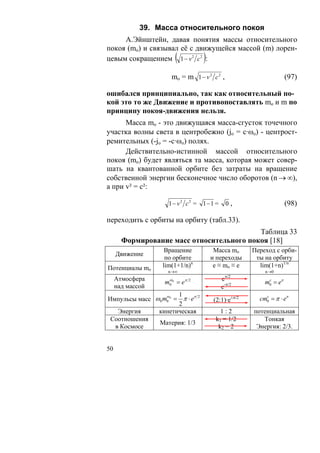 39. Масса относительного покоя
     А.Эйнштейн, давая понятия массы относительного
покоя (mo) и связывал её с движущейся массой (m) лорен-
                       (
цевым сокращением 1 − v 2 c 2 :    )
                      mo = m 1 − v 2 c 2 ,                          (97)

ошибался принципиально, так как относительный по-
кой это то же Движение и противопоставлять mo и m по
принципу покоя-движения нельзя.
      Масса mo - это движущаяся масса-сгусток точечного
участка волны света в центробежно (jo = c·ωo) - центрост-
ремительных (-jo = -c·ωo) полях.
      Действительно-истинной массой относительного
покоя (mo) будет являться та масса, которая может совер-
шать на квантованной орбите без затраты на вращение
собственной энергии бесконечное число оборотов (n → ∞),
а при v² = c²:

                     1− v2 c2 = 1−1 =        0,                     (98)

переходить с орбиты на орбиту (табл.33).
                                           Таблица 33
       Формирование масс относительного покоя [18]
                    Вращение            Масса mo      Переход с орби-
     Движение
                    по орбите          и переходы      ты на орбиту
Потенциалы mo      lim(1+1/n)n          e ≡ mo ≡ e      lim(1+n)1/n
                    n→∞                                   n→0
                                             π/2
     Атмосфера      ω                      е
                   m0 0 = eπ   2
                                                          m0 = eπ
                                                           с
     над массой                            е-π/2
                  ω    1
Импульсы масс ω0 m0 0 = π ⋅ eπ 2        (2:1)·е±π/2     сm0 = π ⋅ eπ
                                                          с

                       2
   Энергия     кинетическая               1:2         потенциальная
 Соотношения                            k1 = 1/2         Тонкая
               Материя: 1/3
  в Космосе                              k2 = 2        Энергия: 2/3.


50
 
