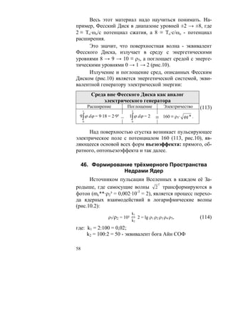 Весь этот материал надо научиться понимать. На-
пример, Фесский Диск в диапазоне уровней ±2 → ±8, где
2 ≡ То·ωo/c потенциал сжатия, а 8 ≡ То·с/ωo - потенциал
расширения.
     Это значит, что поверхностная волна - эквивалент
Фесского Диска, излучает в среду с энергетическими
уровнями 8 → 9 → 10 ≡ ρ5, а поглощает средой с энерге-
тическими уровнями 0 → 1 → 2 (рис.10).
     Излучение и поглощение сред, описанных Фесским
Диском (рис.10) является энергетической системой, экви-
валентной генератору электрической энергии:
          Среда вне Фесского Диска как аналог
              электрического генератора
         Расширение         Поглощение         Электричество   (113)
     1                       2
 9 ∫ ϕ dϕ = 9·18 = 2·9² –   1∫ ϕ dϕ = 2   ≡ 160 ≡ ρ5· qq * .
     0                       0



     Над поверхностью сгустка возникает пульсирующее
электрическое поле с потенциалом 160 (113, рис.10), яв-
ляющееся основой всех форм пьезоэффекта: прямого, об-
ратного, оптопьезоэффекта и так далее.

     46. Формирование трёхмерного Пространства
                  Недрами Ядер
      Источником пульсации Вселенных в каждом её За-
                                     2
родыше, где самосущие волны 2 трансформируются в
фотон (mc**·ρ2³ = 0,002·10-3 = 2), является процесс перехо-
да ядерных взаимодействий в логарифмические волны
(рис.10.2):
                             k1
                 ρ5/ρ2 = 10² ⇔ 2 = lg ρ1 ρ2 ρ3 ρ4 ρ5,          (114)
                             k2

где: k1 = 2:100 = 0,02;
     k2 = 100:2 = 50 - эквивалент бога Айн СОФ

58
 