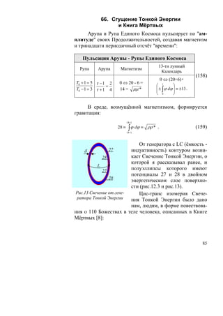 66. Сгущение Тонкой Энергии
                  и Книга Мёртвых
      Арупа и Рупа Единого Космоса пульсирует по "ам-
плитуде" своих Продолжительностей, создавая магнетизм
и тринадцати периодичный отсчёт "времени":

   Пульсация Арупы - Рупы Единого Космоса
                                             13-ти лунный
  Рупа     Арупа      Магнетизм
                                              Календарь
                                                                   (158)
                                              0 ⇔ (20+6)×
T0 + 1 = 5 τ − 1 2   0 ⇔ 20 - 6 =
                =                           ⎛ 1        ⎞
T0 − 1 = 3 τ + 1 4   14 = μμ *              ⎜ ± ∫ ϕ dϕ ⎟ ≡ ±13 .
                                            ⎜          ⎟
                                            ⎝ 0        ⎠


     В среде, возмущённой магнетизмом, формируется
гравитация:
                            14 +1
                     28 ≡    ∫ ϕ dϕ ≡
                            14 −1
                                        ρρ * .                     (159)


                            От генератора с LC (ёмкость -
    δ           27       индуктивность) контуром возни-
             28          кает Свечение Тонкой Энергии, о
                         которой я рассказывал ранее, и
          L
             27
                         полуэллипсы которого имеют
                         потенциалы 27 и 28 в двойном
                28
                         энергетическом слое поверхно-
                         сти (рис.12.3 и рис.13).
Рис.13 Свечение от гене-    Цис-транс изомерия Свече-
 ратора Тонкой Энергии   ния Тонкой Энергии было дано
                         нам, людям, в форме повествова-
ния о 110 Божествах в теле человека, описанных в Книге
Мёртвых [8]:



                                                                      85
 