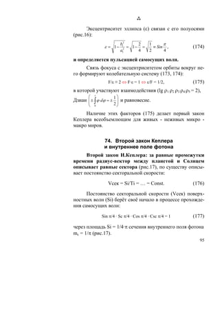 Эксцентриситет эллипса (ε) связан с его полуосями
(рис.16):
                           b12     2  1      π
                ε = 1−       2
                               = 1− =   ≡ Sin ,           (174)
                           a1      4  2      4

и определяется пульсацией самосущих волн.
     Связь фокуса с эксцентриситетом орбиты вокруг не-
го формируют колебательную систему (173, 174):
                  F/ε ≡ 2 ⇔ F·ε = 1 ⇔ ε/F = 1/2,          (175)
в которой участвуют взаимодействия (lg ρ1 ρ2 ρ3 ρ4 ρ5 = 2),
       ⎛   1
                    1  ⎞
Дзиан ⎜ ± ∫ ϕ dϕ = ± ⎟ и равновесие.
      ⎜               ⎟
       ⎝   0
                     2⎠

     Наличие этих факторов (175) делает первый закон
Кеплера всеобъемлющим для живых - неживых микро -
макро миров.


                74. Второй закон Кеплера
                и внутреннее поле фотона
      Второй закон И.Кеплера: за равные промежутки
времени радиус-вектор между планетой и Солнцем
описывает равные сектора (рис.17), по существу описы-
вает постоянство секторальной скорости:

                  Vсек = Si/Ti = … = Const.               (176)

      Постоянство секторальной скорости (Vсек) поверх-
ностных волн (Si) берёт своё начало в процессе прохожде-
ния самосущих волн:

               Sin π/4 · Sc π/4 · Cos π/4 · Csc π/4 = 1   (177)

через площадь Si = 1/4·π сечения внутреннего поля фотона
mc = 1/π (рис.17).
                                                             95
 