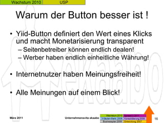 Warum der Button besser ist ! Yiid-Button definiert den Wert eines Klicks und macht Monetarisierung transparent Seitenbetreiber können endlich dealen! Werber haben endlich einheitliche Währung! Internetnutzer haben Meinungsfreiheit! Alle Meinungen auf einem Blick! März 2011 Unternehmensvita ekaabo   USP Wachstum 2010 