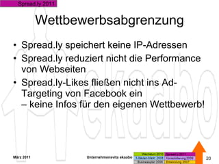 Wettbewerbsabgrenzung Spread.ly speichert keine IP-Adressen Spread.ly reduziert nicht die Performance von Webseiten Spread.ly-Likes fließen nicht ins Ad-Targeting von Facebook ein  – keine Infos für den eigenen Wettbewerb! März 2011 Unternehmensvita ekaabo   Spread.ly 2011 