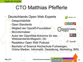 CTO Matthias Pfefferle Deutschlands Open Web Experte Dataportabilität Open Standards Mitglied der OpenID-Foundation Microformateer  Autor der OpenWeb-Kolumne für das  Webstandards-Magazin, t3n Redakteur Open Web Podcast Bachelor of Science Hochschule Furtwangen,  Online Medien, Informatik, Gestaltung, Marketing, BWL  März 2011 Unternehmensvita ekaabo   Köpfe der Knöpfe 