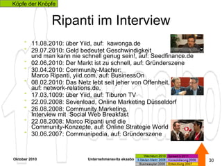 Ripanti im Interview 11.08.2010: über Yiid, auf:  kawonga.de 29.07.2010: Geld bedeutet Geschwindigkeit  und man kann nie schnell genug sein!, auf: Seedfinance.de 02.06.2010: Der Markt ist zu schnell, auf: Gründerszene  30.04.2010: Community-Macher:  Marco Ripanti, yiid.com, auf: BusinessOn 08.02.2010: Das Netz lebt seit jeher von Offenheit,  auf: network-relations.de,  17.03.1009: über Yiid, auf: Tiburon TV  22.09.2008: Sevenload, Online Marketing Düsseldorf 26.08.2008: Community Marketing,  Interview mit  Social Web Breakfast  22.08.2008: Marco Ripanti und die  Community-Konzepte, auf: Online Strategie World 30.06.2007: Communipedia, auf: Gründerszene Oktober 2010 Unternehmensvita ekaabo   Köpfe der Knöpfe 