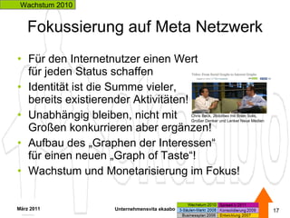 Fokussierung auf Meta Netzwerk <ul><li>Für den Internetnutzer einen Wert  für jeden Status schaffen </li></ul><ul><li>Iden...