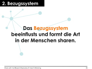 Share with me @ripanti #isarcamp # mww13 #sharing 35
2. Bezugssystem
Das Bezugssystem
beeinflusts und formt die Art
in der Menschen sharen.
 