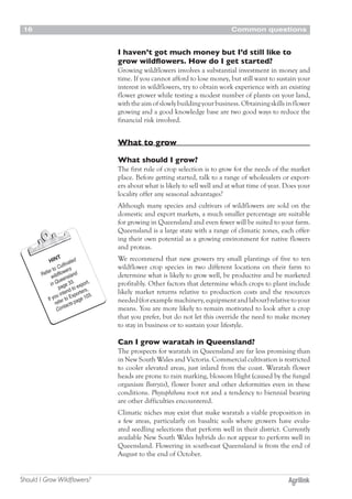 Common questions16
Should I Grow Wildflowers?
I haven’t got much money but I’d still like to
grow wildflowers. How do I get started?
Growing wildflowers involves a substantial investment in money and
time. If you cannot afford to lose money, but still want to sustain your
interest in wildflowers, try to obtain work experience with an existing
flower grower while testing a modest number of plants on your land,
withtheaimofslowlybuildingyourbusiness.Obtainingskillsinflower
growing and a good knowledge base are two good ways to reduce the
financial risk involved.
What to grow
What should I grow?
The first rule of crop selection is to grow for the needs of the market
place. Before getting started, talk to a range of wholesalers or export-
ers about what is likely to sell well and at what time of year. Does your
locality offer any seasonal advantages?
Although many species and cultivars of wildflowers are sold on the
domestic and export markets, a much smaller percentage are suitable
for growing in Queensland and even fewer will be suited to your farm.
Queensland is a large state with a range of climatic zones, each offer-
ing their own potential as a growing environment for native flowers
and proteas.
We recommend that new growers try small plantings of five to ten
wildflower crop species in two different locations on their farm to
determine what is likely to grow well, be productive and be marketed
profitably. Other factors that determine which crops to plant include
likely market returns relative to production costs and the resources
needed(forexamplemachinery,equipmentandlabour)relativetoyour
means. You are more likely to remain motivated to look after a crop
that you prefer, but do not let this override the need to make money
to stay in business or to sustain your lifestyle.
Can I grow waratah in Queensland?
The prospects for waratah in Queensland are far less promising than
in New South Wales and Victoria. Commercial cultivation is restricted
to cooler elevated areas, just inland from the coast. Waratah flower
heads are prone to rain marking, blossom blight (caused by the fungal
organism Botrytis), flower borer and other deformities even in these
conditions. Phytophthora root rot and a tendency to biennial bearing
are other difficulties encountered.
Climatic niches may exist that make waratah a viable proposition in
a few areas, particularly on basaltic soils where growers have evalu-
ated seedling selections that perform well in their district. Currently
available New South Wales hybrids do not appear to perform well in
Queensland. Flowering in south-east Queensland is from the end of
August to the end of October.
HINT
Refer to Cultivated
wildflowers
in Queensland
page 33.
If you intend to export,
refer to Exporters,
Contacts page 103.
 