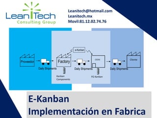 Factory
Daily Shipments
Kanban
Components
CEDIS
Proveedor
Daily Shipments Daily Shipments
Cliente
FG Kanban
e-Kanban
E-Kanban
Implementación en Fabrica
Leanitech@hotmail.com
Leanitech.mx
Movil:81.12.02.74.76
 