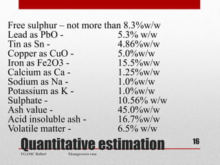 Quantitative estimation
TGAMC Ballari Ekangaveera rasa
16
Free sulphur – not more than 8.3%w/w
Lead as PbO - 5.3% w/w
Tin as Sn - 4.86%w/w
Copper as CuO - 5.0%w/w
Iron as Fe2O3 - 15.5%w/w
Calcium as Ca - 1.25%w/w
Sodium as Na - 1.0%w/w
Potassium as K - 1.0%w/w
Sulphate - 10.56% w/w
Ash value - 45.0%w/w
Acid insoluble ash - 16.7%w/w
Volatile matter - 6.5% w/w
 