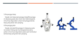 5.Penyangga tetap
Steady rest tetap (penyangga tetap)Penyangga
ini dipasang pada alas mesin dan tidak bergerak.
Umumnya digunakan untuk menyangga benda
kerja yang besar dan panjang.
6.Penyangga jalan
Steady rest jalanPenyangga ini dipasang pada
sisi eretan lintang dan ikut bergerak bersama
pahat. Umumnya digunakan pada saat membubut
benda kerja yang kecil dan panjang.
 