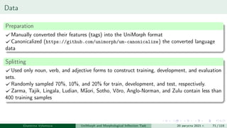 Data
Preparation
Manually converted their features (tags) into the UniMorph format
Canonicalized (https://github.com/unimorph/um-canonicalize) the converted language
data
Splitting
Used only noun, verb, and adjective forms to construct training, development, and evaluation
sets.
Randomly sampled 70%, 10%, and 20% for train, development, and test, respectively.
Zarma, Tajik, Lingala, Ludian, Māori, Sotho, Võro, Anglo-Norman, and Zulu contain less than
400 training samples
Ekaterina Vylomova UniMorph and Morphological Inflection Task 20 августа 2021 г. 71 / 115
 