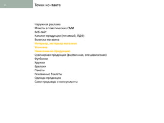 21   Точки контакта



     Наружная реклама
     Макеты в тематических СМИ
     Веб-сайт
     Каталог-продукции (печатный, ПДФ)
     Вывеска магазина
     Интерьер, экстерьер магазина
     Упаковка
     Нанесение на продукцию
     Сувенирная продукция (фирменная, специфическая)
     Футболки
     Кружки
     Брелоки
     Пакеты
     Рекламные буклеты
     Одежда продавцов
     Сами продавцы и консультанты
 