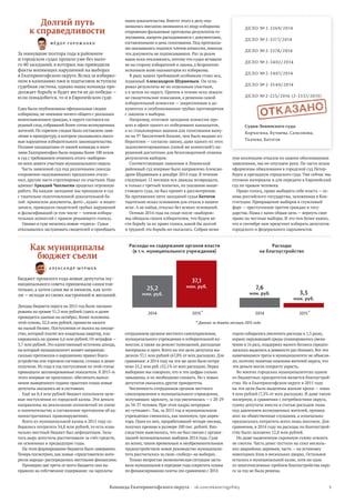 3Команда Екатерингофского округа  •  vk.com/ekateringofsky
ДЕЛО № 2-3369/2014
ДЕЛО № 2-3377/2014
ДЕЛО № 2-3378/2014
ДЕЛО № 2-3402/2014
ДЕЛО № 2-3407/2014
ДЕЛО № 2-3540/2014
ДЕЛО № 2-225/2016 (2-3337/2015)
Судьи Ленинского суда:
Корчагина, Бучнева, Самсонова,
Ткачева, Батогов
Долгий путь
к справедливости
Ф Ё Д О Р Г О Р О Ж А Н К О
За минувшие полтора года в районном
и городском судах прошло уже без мало-
го 40 заседаний, в которых мы приводили
факты вопиющих нарушений на выборах
в Екатерингофском округе. Вслед за избирко-
мом в кампанию лжи и подтасовок вступила
судебная система, однако наша команда про-
должает борьбу и будет вести ее до победы —
если понадобится, то и в Европейском суде.
Едва были опубликованы официальные сводки
избиркома, не имевшие ничего общего с реальным
волеизъявлением граждан, в округе состоялся на-
родный сход, собравший более сотни возмущенных
жителей. По горячим следам было составлено заяв-
ление в прокуратуру, в котором указывались массо-
вые нарушения избирательного законодательства.
Позднее кандидатами от нашей команды и жите-
лями Екатерингофки были поданы более 100 исков
в суд с требованием отменить итоги «выборов»
по всем девяти участкам муниципального округа.
Часть заявлений суд под различными (иногда
откровенно надуманными) предлогами откло-
нил, другую часть сгруппировал по участкам. Наш
адвокат Аркадий Чаплыгин проделал огромную
работу. На каждое заседание мы приходили в суд
с тщательно подготовленной доказательной ба-
зой: приносили документы, фото-, аудио- и видео-
записи, приводили свидетелей грубых нарушений
и фальсификаций (в том числе — членов избира-
тельных комиссий с правом решающего голоса).
Однако в суде начались новые «чудеса». Судьи
отказывались заслушивать свидетелей и приобщать
Как муниципалы
бюджет съели
А Л Е К С А Н Д Р Ш У Р Ш Е В
Бюджет прошлого года новые депутаты му-
ниципального совета принимали самостоя-
тельно, а затем сами же и меняли, как хоте-
ли — исходя из своих настроений и желаний.
Доходы бюджета округа на 2015 год были заплани-
рованы на уровне 51,3 млн рублей (здесь и далее
приводятся данные на октябрь). Более половины
этой суммы, 32,4 млн рублей, принесли налоги
на малый бизнес. Поступления от налога на имуще-
ство, который платят все владельцы квартир, пла-
нировались на уровне 6,6 млн рублей. От штрафов —
3,7 млн рублей. Это единственный источник дохода,
на который муниципалитет влияет напрямую:
сколько протоколов о нарушениях правил благо-
устройства или торговли составили, столько и денег
получили. Из года в год поступления по этой статье
превышали запланированные показатели. В 2015-м
этого впервые не произошло: обеспечить выпол-
нение выверенного годами практики плана новые
депутаты оказались не в состоянии.
Ещё на 8,4 млн рублей бюджет пополнили целе-
вые поступления из городской казны. Эти деньги
направлены на реализацию полномочий по опеке
и попечительству и составление протоколов об ад-
министративных правонарушениях.
Всего из муниципальной казны в 2015 году со-
бирались потратить 54,8 млн рублей, то есть изна-
чально местный бюджет был дефицитным. Зала-
тать дыру депутаты рассчитывали за счёт средств,
не освоенных в предыдущие годы.
На этом формирование бюджета было завершено.
Теперь посмотрим, как новые «представители инте-
ресов народа» распорядились местными финансами.
Примерно две трети от всего бюджета они на-
правили на собственное содержание: на зарплаты
наши доказательства. Вместо этого к делу под-
шивались внезапно явившиеся из недр избиркома
откровенно фальшивые протоколы результатов го-
лосования, напрочь расходившиеся с документами,
составленными в день голосования. Под протокола-
ми оказывались подписи членов комиссии, никогда
эти документы не подписывавших. Раз за разом
наши иски отклонялись, потому что судьи вставали
не на сторону избирателей и закона, а безропотно
исполняли волю махинаторов из избиркома.
В ряду наших требований особняком стоял иск,
поданный Александром Шуршевым. Он оспа-
ривал результаты не по отдельным участкам,
а в целом по округу. Причем в основе иска лежали
не свидетельские показания, а решения самой
избирательной комиссии — закрепленные в до-
кументах и опубликованные грубые противоречия
с законом о выборах.
Например, итоговое заседание комиссии про-
шло в офисе одного из победивших кандидатов,
а из стационарных ящиков для голосования выну-
ли на 97 бюллетеней больше, чем было выдано из-
бирателям — согласно закону, даже одного из этих
задокументированных (самой же комиссией!) на-
рушений достаточно для безоговорочной отмены
результатов выборов.
Соответствующее заявление в Ленинский
районный суд впервые было направлено Алексан-
дром Шуршевым в декабре 2014 года. В течение
следующих 12 месяцев иск дважды возвращали,
и только с третьей попытки, по указанию выше-
стоящего суда, он был принят к рассмотрению.
На протяжении пяти заседаний судья Батогов
тщательно искал основания для отказа в нашем
иске. А не найдя, отказал без всяких оснований.
Осенью 2014 года на сходе после «выборов»
мы обещали своим избирателям, что будем ве-
сти борьбу за их право голоса, какой бы долгой
и трудной эта борьба ни оказалась. Собрав нема-
сотрудников органов местного самоуправления,
муниципального учреждения и избирательной ко-
миссии, а также на ремонт помещений, расходные
материалы и проч. Всего на эти цели депутаты вы-
делили 37,1 млн рублей (67,8% от всех расходов). Для
сравнения: в 2014 году на эти же цели было потра-
чено 25,2 млн руб. (52,1% от всех расходов). Перед
выборами мы говорили, что и эти цифры сильно
завышены, и их необходимо снижать. Но у новых
депутатов оказались другие приоритеты.
Численность сотрудников органов местного
самоуправления и муниципального учреждения,
получающих зарплату, за год увеличилась — с 28‑29
до 34-37 человек. При этом кадры непрерыв-
но «утекают». Так, за 2015 год в муниципальном
учреждении сменилось, как минимум, три дирек-
тора. Один из них, проработавший четыре месяца,
получил премию в размере 100 тыс. рублей. Впо-
следствии выяснилось, что он был связан с органи-
зацией муниципальных выборов 2014 года. Судя
по всему, таким временным и необременительным
трудоустройством новое руководство муниципали-
тета рассчиталось за свою «победу» на выборах.
Только непростая экономическая ситуация заста-
вила муниципалов в середине года сократить планы
по финансированию газеты (по сравнению с 2014
годом собирались увеличить расходы в 1,5 раза),
охрану окружающей среды (планировалось увели-
чение в 16 раз), поддержку малого бизнеса (предпо-
лагалось выделить в девяносто раз больше). Все эти
намечавшиеся траты в муниципалитете не объясня-
ли, поэтому понятны опасения жителей округа, что
эти деньги могли попросту украсть.
Во многих городских муниципалитетах одним
из бюджетных приоритетов является благоустрой-
ство. Но в Екатерингофском округе в 2015 году
на эти цели были выделены жалкие крохи — лишь
4 млн рублей (7,2% от всех расходов). И даже такую
мизерную, в сравнении с потребностями округа,
сумму депутаты внесли в статью расходов лишь
под давлением возмущенных жителей, пришед-
ших на общественные слушания, а изначально
предлагалось потратить всего лишь миллион. Для
сравнения, в 2014 году на расходы по благоустрой-
ству было заложено 12,8 млн рублей.
Но даже выделенную скромную сумму освоить
не смогли. Часть денег пустили на спил несколь-
ких аварийных деревьев, часть — на установку
новогодних ёлок в нескольких дворах. Остальное
осталось в муниципальной казне, хотя ни одна
из многочисленных проблем благоустройства окру-
га за год не была решена.
лую коллекцию отказов по нашим обоснованным
заявлениям, мы не опускаем руки. По части исков
оформлены обжалования в городской суд Петер-
бурга и президиум городского суда. Уже сейчас мы
готовим материалы и для передачи в Европейский
суд по правам человека.
Право голоса, право выбирать себе власть — ос-
нова российского государства, заложенная в Кон-
ституции. Превращение выборов в глумливый
фарс — преступление против граждан и госу-
дарства. Наша с вами общая цель — вернуть свое
право на честные выборы. И это тем более важно,
что в сентябре нам предстоит избирать депутатов
городского и федерального парламентов.
Расходы на содержание органов власти
(в т. ч. муниципального учреждения)
Расходы
на благоустройство
25,2
млн. руб.
37,1
млн. руб.
2014 20142015 * 2015 *
* Данные за девять месяцев 2015 года
7,6
млн. руб. 3,5
млн. руб.
 