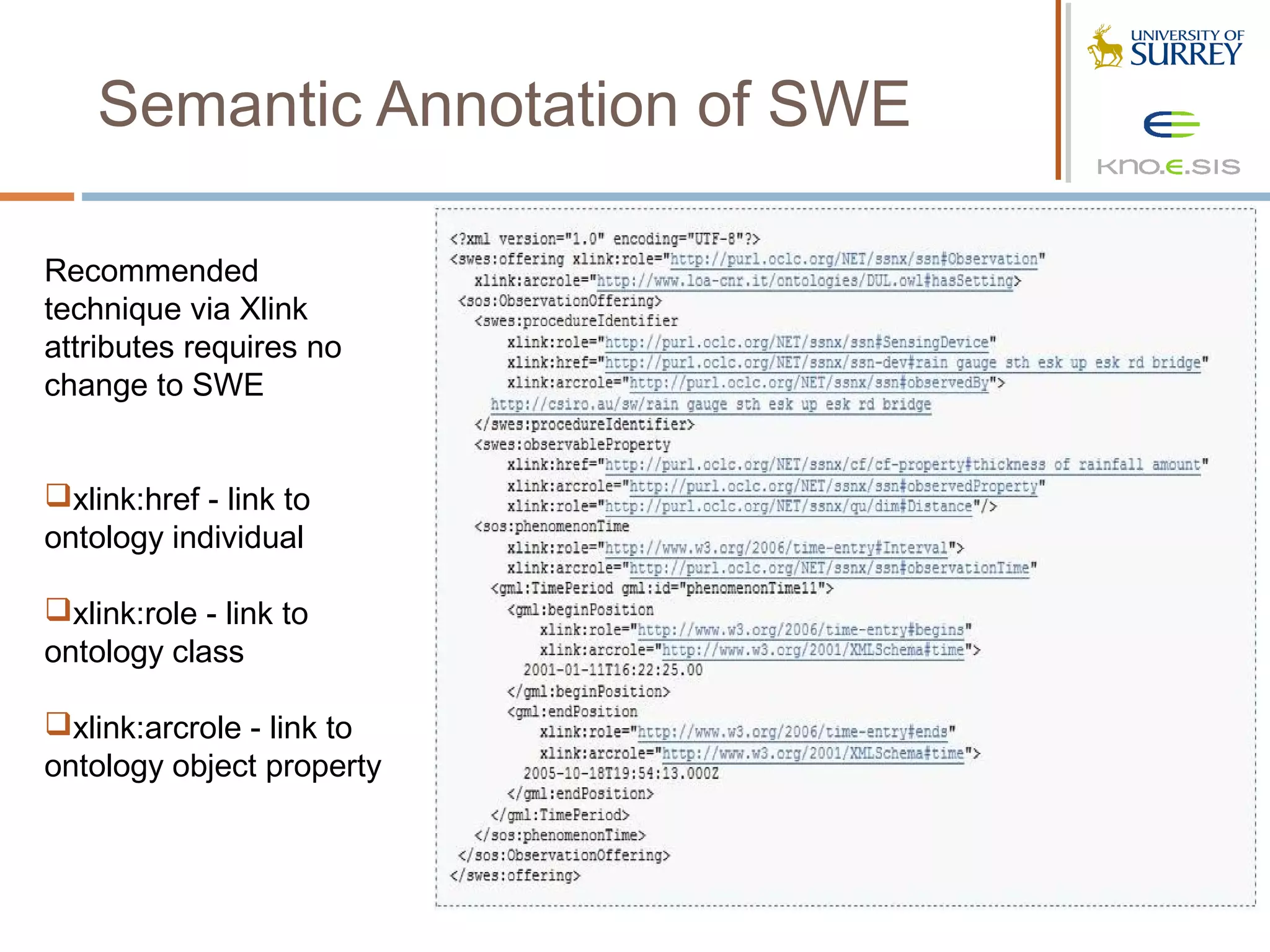Semantic Annotation of SWE

Recommended
technique via Xlink
attributes requires no
change to SWE


xlink:href - link to
ontology individual

xlink:role - link to
ontology class

xlink:arcrole - link to
ontology object property
 