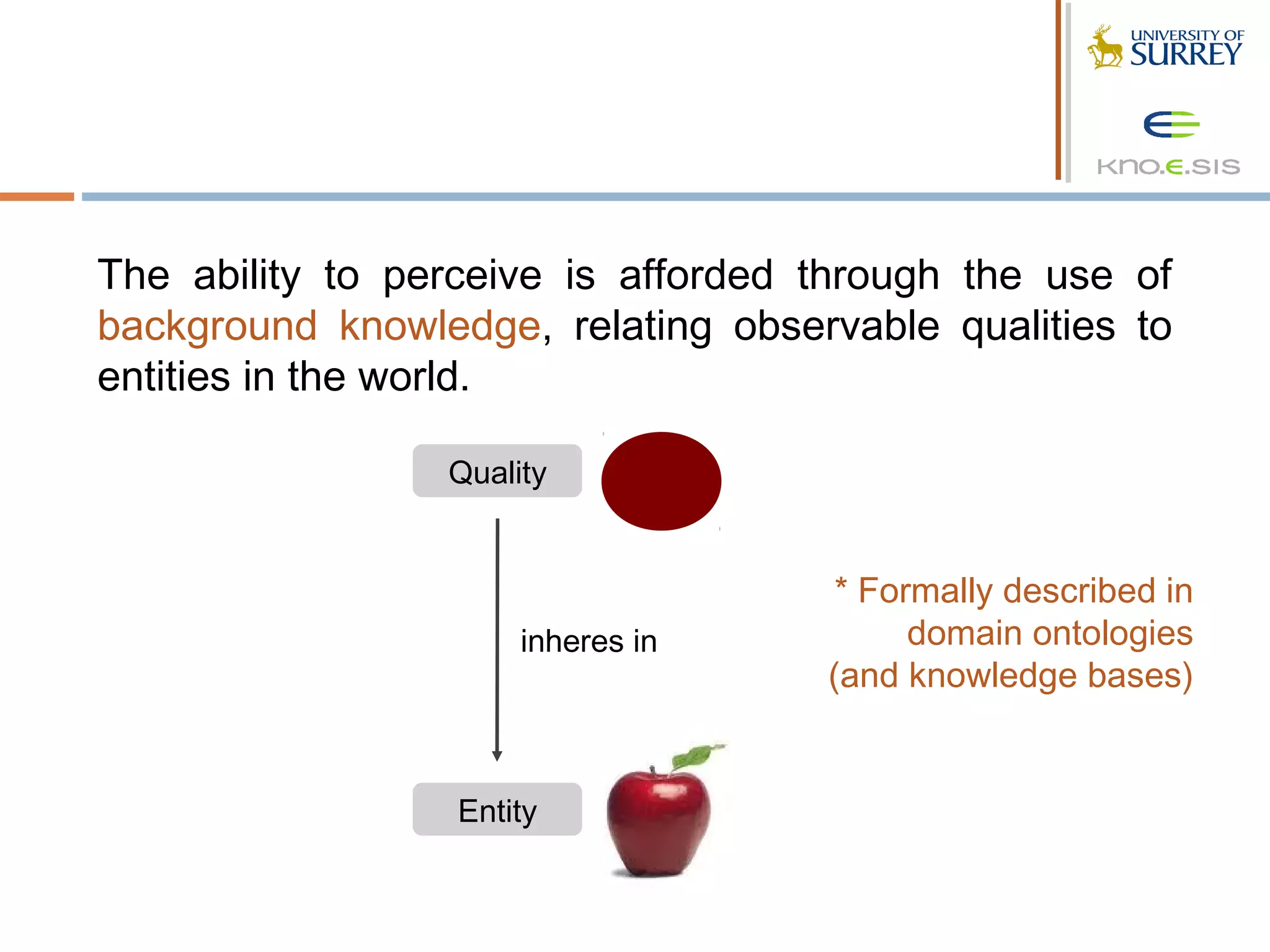 The ability to perceive is afforded through the use of
background knowledge, relating observable qualities to
entities in the world.

                 Quality


                                     * Formally described in
                      inheres in          domain ontologies
                                    (and knowledge bases)


                  Entity
 