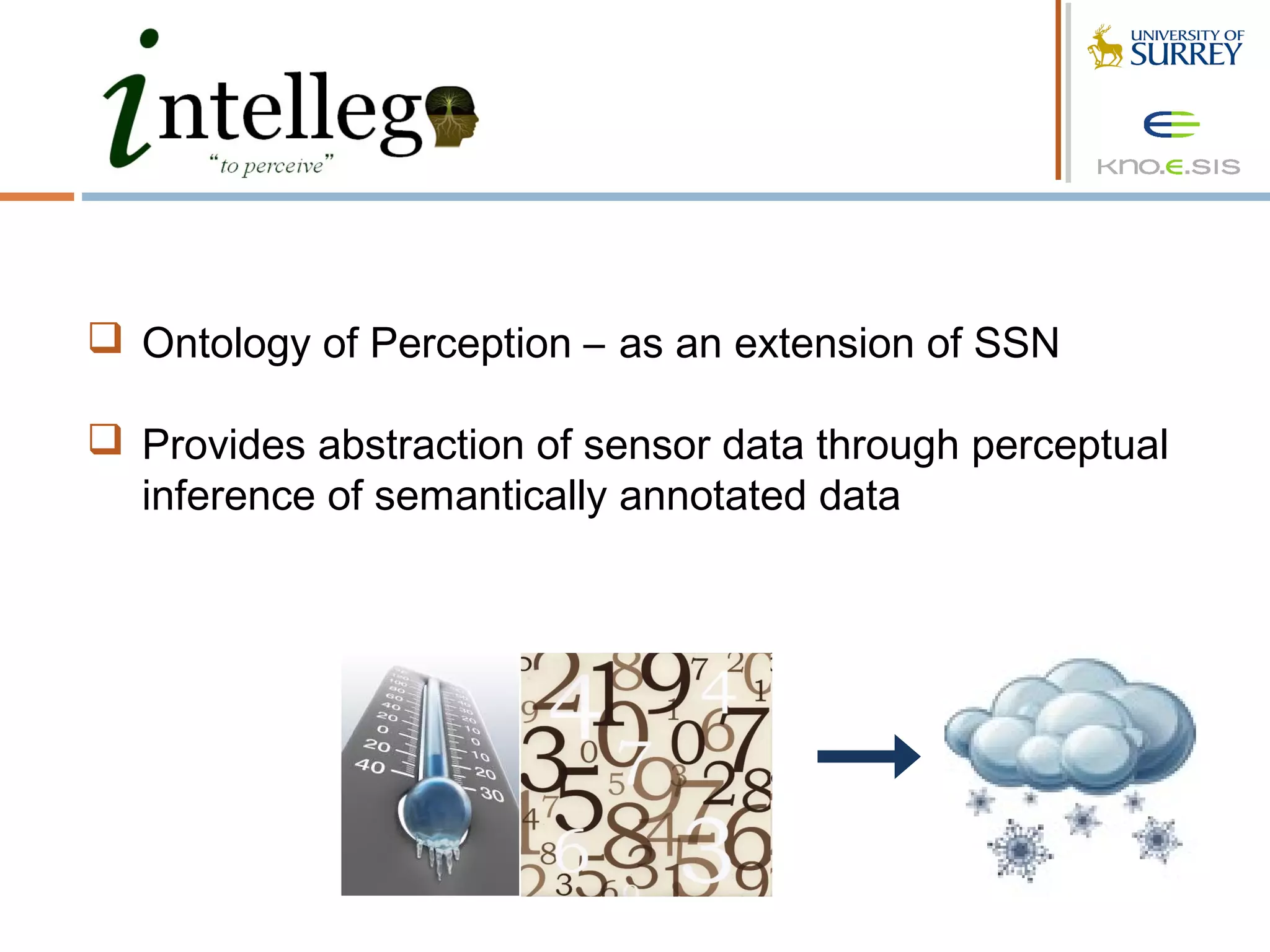  Ontology of Perception – as an extension of SSN

 Provides abstraction of sensor data through perceptual
  inference of semantically annotated data
 