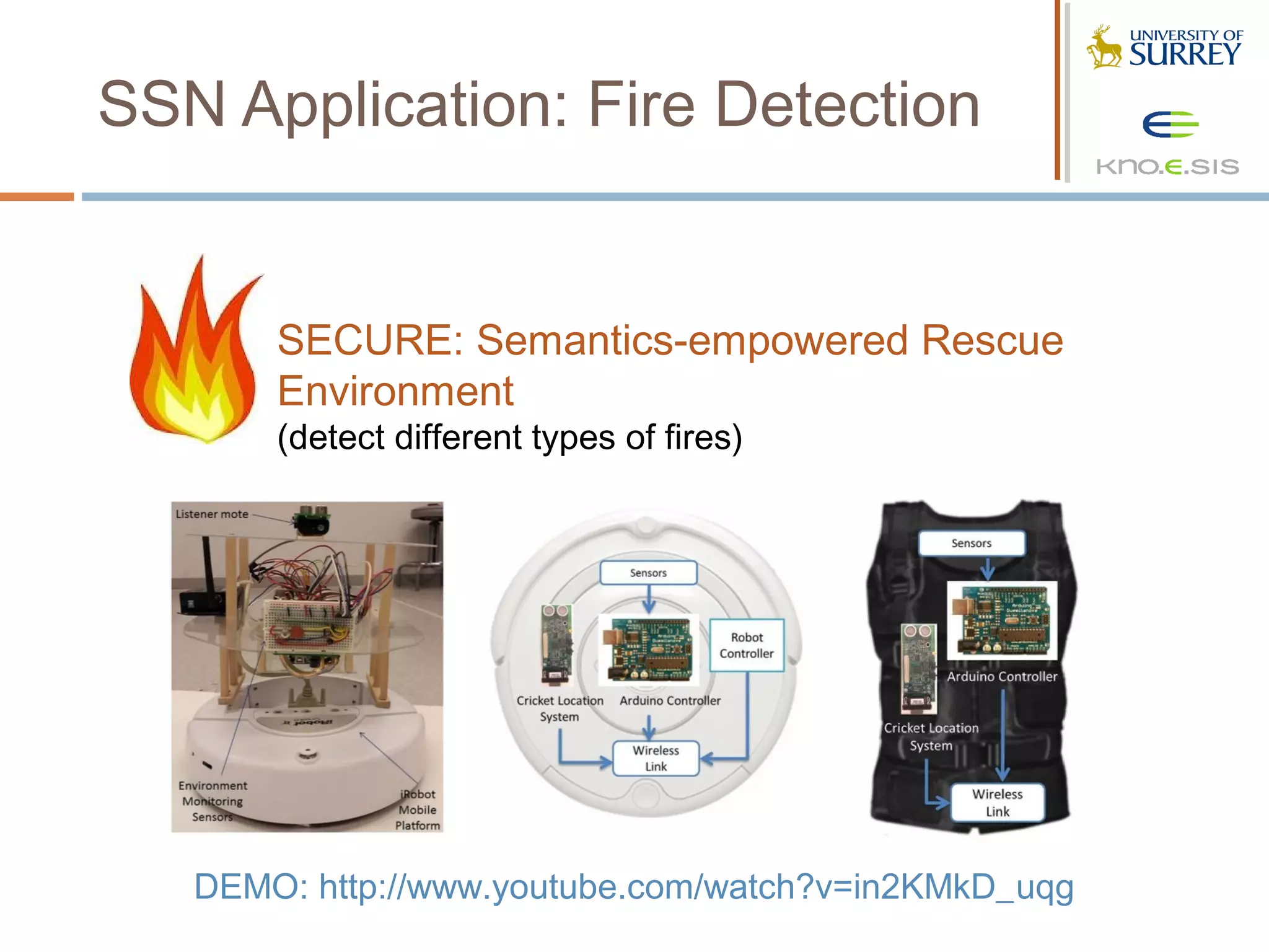 SSN Application: Fire Detection

                               Weather Application
       SECURE: Semantics-empowered Rescue
       Environment
       (detect different types of fires)




   DEMO: http://www.youtube.com/watch?v=in2KMkD_uqg
 
