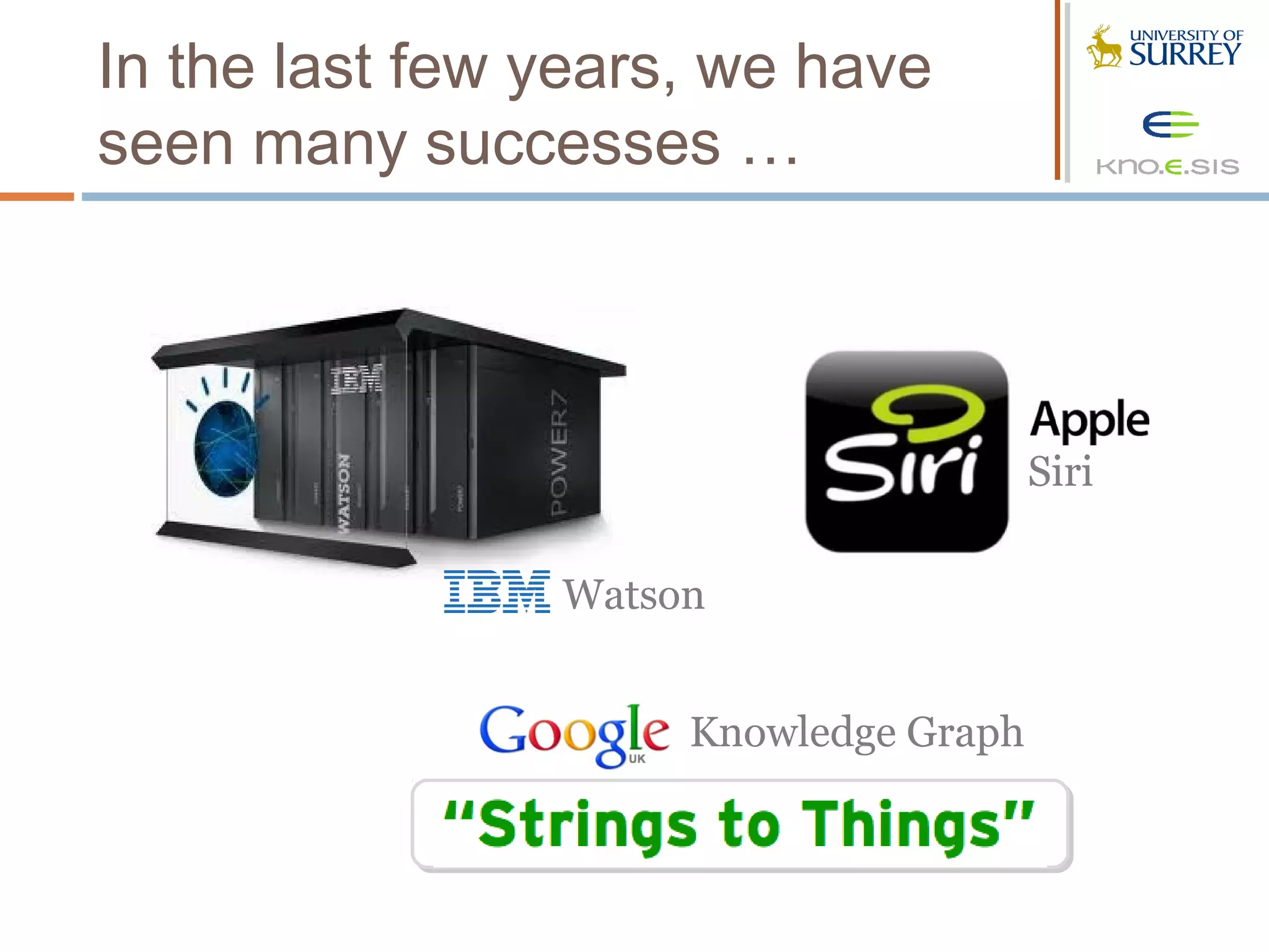 In the last few years, we have
seen many successes …



                                       Apple
                                       Siri

                Watson


                     Knowledge Graph
 