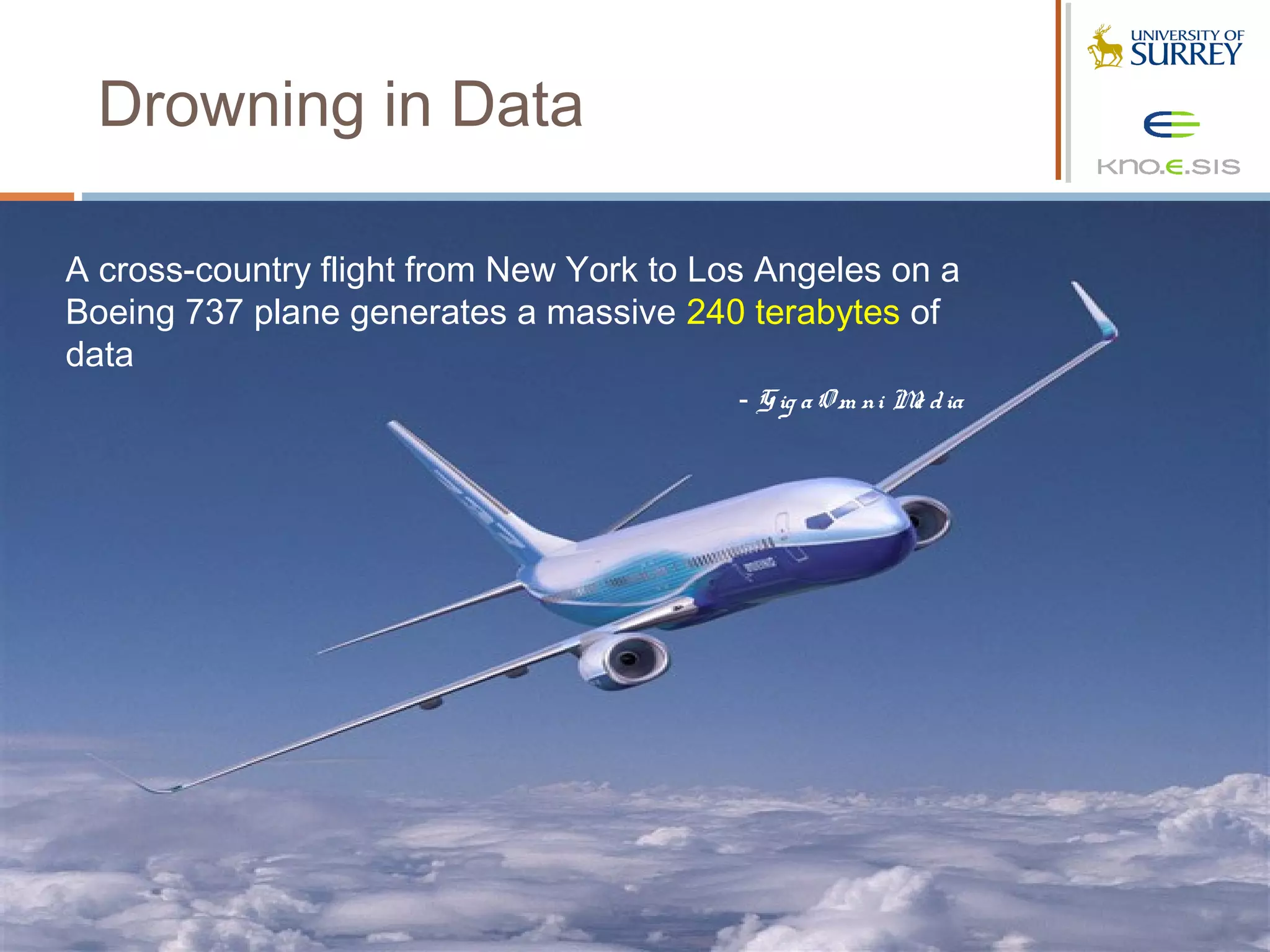 Drowning in Data

A cross-country flight from New York to Los Angeles on a
Boeing 737 plane generates a massive 240 terabytes of
data
                                          - G ig a O m ni M d ia
                                                           e
 