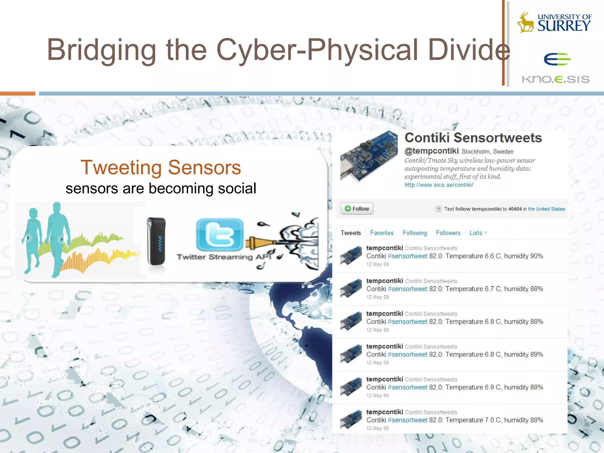 Bridging the Cyber-Physical Divide


   Tweeting Sensors
 sensors are becoming social
 