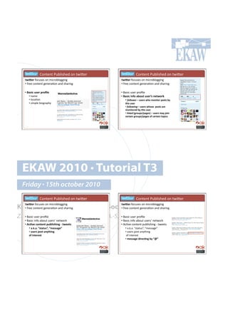 ! ! !! !H#*%.*%!G&:)'7-.+!#*!%4'K.$!           ! ! !! !H#*%.*%!G&:)'7-.+!#*!%4'K.$!
   &93_)4!"#,&7.7!#*!8',$#:)#00'*0!!              &93_)4!"#,&7.7!#*!8',$#:)#00'*0!!
   •!!"$..!,#*%.*%!0.*.$(=#*!(*+!7-($'*0!         •!!"$..!,#*%.*%!0.*.$(=#*!(*+!7-($'*0!

   •!!Z$'36#%')4#F4-S*)#                          •!!d(7',!&7.$!<$#B).!
      •!!*(8.!                                    •!#Z$'36#3"=-#$2-%&#%')4g'#")&9-4:#
      •!!)#,(=#*!                                     •!#1#%%#$&2#?#%')4'#9(-#,-"3&-4#F-'&'#2@#
      •!!7'8<).!:'#0$(<-;!                           &(3'#%')4##
                                                     •!#1#%%#$."(#?#%')4'#9(-')##F-'&'#$4)#
                                                     ,-"3&-4)0#2@#&(3'#%')4##
                                                     •!#%./4&'#a;4-%F'hF$;)'b#?#%')4'#,$@#8-3"#
                                                     6)4&$3"#;4-%F'hF$;)'#-=#6)4&$3"#&-F36'#




  EKAW 2010 • Tutorial T3
  Friday • 15th october 2010
     ! ! !! !H#*%.*%!G&:)'7-.+!#*!%4'K.$!           ! ! !! !H#*%.*%!G&:)'7-.+!#*!%4'K.$!
   &93_)4!"#,&7.7!#*!8',$#:)#00'*0!!              &93_)4!"#,&7.7!#*!8',$#:)#00'*0!!
Knowledge Acquisition from Social Networking Sites
   •!!"$..!,#*%.*%!0.*.$(=#*!(*+!7-($'*0!         •!!"$..!,#*%.*%!0.*.$(=#*!(*+!7-($'*0!

Z. Zhang, A.E. Cano, K. Elbedweihy, A.-S. Dadzie !
    •!!d(7',!&7.$!<$#B).!                 •!!d(7',!&7.$!<$#B).
   •!#d(7',!'*"#!(:#&%!&7.$7q!*.%4#$6!            •!#d(7',!'*"#!(:#&%!&7.$7q!*.%4#$6!
   •!#16./)#6-"&)"&#F%2*3'(3";#<#&9))&'#          •!!M,=/.!,#*%.*%!<&:)'7-'*0!Q!%4..%7!
       •!#$Q:Q$Q#L'&$&%'NY#L,)''$;)N#                 •!!(Y6Y(Y!P7%(%&7R9!P8.77(0.R!
      •!#%')4'#F-'&#$"@&(3";#                        •!!&7.$7!<#7%!(*;%-'*0!
      -=#3"&)4)'&#                                   !#"!'*%.$.7%!
                                                     •!#,)''$;)#034)6.";#2@#LiN#
 