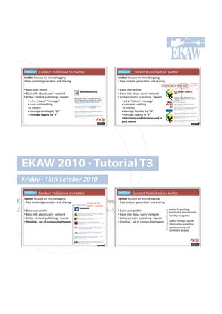 ! ! !! !H#*%.*%!G&:)'7-.+!#*!%4'K.$!                           ! ! !! !H#*%.*%!G&:)'7-.+!#*!%4'K.$!
   &93_)4!"#,&7.7!#*!8',$#:)#00'*0!!                              &93_)4!"#,&7.7!#*!8',$#:)#00'*0!!
   •!!"$..!,#*%.*%!0.*.$(=#*!(*+!7-($'*0!                         •!!"$..!,#*%.*%!0.*.$(=#*!(*+!7-($'*0!
                                                                                                                                        #%-.$!#<=#*71!!
                                                                                                                                        4.:9!8#:').9!
                                                                                                      ]!8'*&%.7!(0#!/'(!24'K.$!2##)7!   $.Q%4..%!

   •!!d(7',!&7.$!<$#B).!                                          •!!d(7',!&7.$!<$#B).!
   •!#d(7',!'*"#!(:#&%!&7.$7q!*.%4#$6!                            •!#d(7',!'*"#!(:#&%!&7.$7q!*.%4#$6!
   •!!M,=/.!,#*%.*%!<&:)'7-'*0!Q!%4..%7!                          •!!M,=/.!,#*%.*%!<&:)'7-'*0!Q!%4..%7!
       •!!(Y6Y(Y!P7%(%&7R9!P8.77(0.R!                                 •!!(Y6Y(Y!P7%(%&7R9!P8.77(0.R!
      •!!&7.$7!<#7%!(*;%-'*0!                                        •!!&7.$7!<#7%!(*;%-'*0!
      !#"!'*%.$.7%!                                                  !#"!'*%.$.7%!
      •!#8.77(0.!+'$.,=*0!:;!PuR!                                    •!#8.77(0.!+'$.,=*0!:;!PuR!
      •!#,)''$;)#&$;;3";#2@#LjN#                                     •!#8.77(0.!%(00'*0!:;!PvR!
                                                                     •!!.,)'&$,F#$"0#3"&)4=$6)#%')0#&-#
                                                                     F-'&#&9))&'#




  EKAW 2010 • Tutorial T3
  Friday • 15th october 2010
     ! ! !! !H#*%.*%!G&:)'7-.+!#*!%4'K.$!                           ! ! !! !H#*%.*%!G&:)'7-.+!#*!%4'K.$!
   &93_)4!"#,&7.7!#*!8',$#:)#00'*0!!                              &93_)4!"#,&7.7!#*!8',$#:)#00'*0!!
Knowledge Acquisition from Social Networking Sites
   •!!"$..!,#*%.*%!0.*.$(=#*!(*+!7-($'*0!   2'8.)'*.!#"!P%#<!     •!!"$..!,#*%.*%!0.*.$(=#*!(*+!7-($'*0!
                                            %4..%7R!N!M&0!TUVU!

Z. Zhang, A.E. Cano, K. Elbedweihy, A.-S. Dadzie !
    •!!d(7',!&7.$!<$#B).!                 •!!d(7',!&7.$!<$#B).
                                                                                                              h7."&)!"#$!<$#B)'*09!
                                                                                                              ,#88&*'%;!(*+!<.$7#*()!
   •!#d(7',!'*"#!(:#&%!&7.$7q!*.%4#$6!                            •!#d(7',!'*"#!(:#&%!&7.$7q!*.%4#$6!         '+.*=%;!$.,#0*'=#*!
   •!!M,=/.!,#*%.*%!<&:)'7-'*0!Q!%4..%7#                          •!!M,=/.!,#*%.*%!<&:)'7-'*0!Q!%4..%7#
   •!#.,)*3")#<#')&#-=#6-"')6%./)#&9))&'!                         •!#=8.)'*.!Q!7.%!#"!,#*7.,&=/.!%4..%7!      h7."&)!"#$!%#<',!7<.,'B,!
                                                                                                              '*"#$8(=#*!.@%$(,=#*9!
                                                                                                              #<'*'#*!8'*'*0!(*+!
                                                                                                              7.*=8.*%!(*();7'7!
 