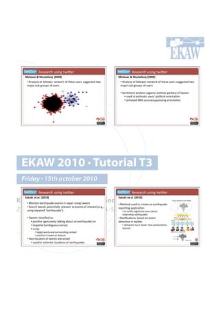 ! ! !! !W.7.($,-!&7'*0!%4'K.$!                                        ! ! !! !W.7.($,-!&7'*0!%4'K.$!
     5)&$G$'#k#5%'&$=$4$8#aPRRVb#                                          5)&$G$'#k#5%'&$=$4$8#aPRRVb#
      •!!M*();7'7!#"!"#))#4.$!*.%4#$6!#"!%-.7.!&7.$7!7&00.7%.+!%4#!         •!!M*();7'7!#"!"#))#4.$!*.%4#$6!#"!%-.7.!&7.$7!7&00.7%.+!%4#!
      8(f#$!7&:Q0$#&<7!#"!&7.$7!                                            8(f#$!7&:Q0$#&<7!#"!&7.$7!

                                                                            •!!5.*=8.*%!(*();7'7!I(0('*7%!<#)'=,()!<($=.7J!#"!%4..%7!
                                                                                 •!!&7.+!%#!.7=8(%.!&7.$7q!<#)'=,()!#$'.*%(=#*!
                                                                                 •!!(,-'./.+!bat!(,,&$(,;!0&.77'*0!#$'.*%(=#*!




  EKAW 2010 • Tutorial T3
  Friday • 15th october 2010
      ! ! !! !W.7.($,-!&7'*0!%4'K.$!                                        ! ! !! !W.7.($,-!&7'*0!%4'K.$!
     T$:$:3#)&#$*Q#aPRWRb#                                                 T$:$:3#)&#$*Q#aPRWRb#
Knowledge Acquisition from Social Networking Sites
   •!!>#*'%#$!.($%-?&(6.!./.*%7!'*!c(<(*!&7'*0!%4..%7! •!!>.%-#+!&7.+!%#!,$.(%.!(*!.($%-?&(6.!
      •!!5.($,-!%4..%7!<#%.*=());!$.)./(*%!%#!./.*%7!#"!'*%.$.7%!I.Y0Y9!
Z. Zhang, A.E. Cano, K. Elbedweihy, A.-S. Dadzie
    &7'*0!6.;4#$+!P.($%-?&(6.RJ!
                                           $.<#$=*0!(<<)',(=#*!
                                              •!!%#!*#=";!$.0'7%.$.+!&7.$7!(:#&%!
                                                                              '8<.*+'*0!.($%-?&(6.7!
      •!!24..%7!,)(77'B.+!(71!                                             •!!E#=B,(=#*7!:(7.+!#*!./.*%!
          •!!+"!$=;)!I0.*&'*.);!%()6'*0!(:#&%!(*!.($%-?&(6.J!#$!           +.%.,=#*!'*!%4'K.$!
          •!!9)>%=;)!I(8:'0&#&7!7.*7.J!                                       •!!+.)'/.$.+!8&,-!"(7%.$!%-(*!(&%-#$'%(=/.!
          •!!&7'*01!                                                          7#&$,.7!
             •!!%($0.%!4#$+7!(*+!7&$$#&*+'*0!,#*%.@%!
             •!!<#7'=#*!'*!%4..%!(7!".(%&$.!
      •!!X.#Q)#,(=#*!#"!%4..%7!.@%$(,%.+!!
          •!!&7.+!%#!.7=8(%.!)#,(=#*7!#"!.($%-?&(6.7!
 