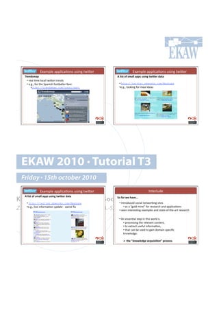 ! ! ! !!!D@(8<).!(<<)',(=#*7!&7'*0!%4'K.$!            ! ! ! !!!D@(8<).!(<<)',(=#*7!&7'*0!%4'K.$!
    ^4)"0',$F#                                            1#*3'&#-=#',$**#$FF'#%'3";#&93_)4#0$&$#
      •!!$.()!=8.!)#,()!%4'K.$!%$.*+7!
      •!!.Y0Y9!"#$!%-.!5<(*'7-!"##%:()).$!z(/'1!!          •!!http://twitter.pbworks.com/Mashups
         •!http://trendsmap.com/topic/xavi                 •!.Y0Y9!)##6'*0!"#$!8.()!'+.(7!




  EKAW 2010 • Tutorial T3
  Friday • 15th october 2010
     ! ! ! !!!D@(8<).!(<<)',(=#*7!&7'*0!%4'K.$!                                    C*%.$)&+.!
    1#*3'&#-=#',$**#$FF'#%'3";#&93_)4#0$&$#
Knowledge Acquisition from Social•!!'*%$#+&,.+!7#,'()!*.%4#$6'*0!7'%.7!!
   •!!
                                     Networking Sites
                                T-#=$4#9)#($/)QQQ#
       http://twitter.pbworks.com/Mashups

Z. Zhang, A.E. Cano, K. Elbedweihy, A.-S. Dadzie
      •!.Y0Y9!)'/.!'*"#$8(=#*!&<+(%.!Q!74'*.!g&!•!!(7!(!P0#)+!8'*.R!"#$!$.7.($,-!(*+!(<<)',(=#*7!
                                           •!!7..*!'*%.$.7=*0!.@(8<).7!(*+!7%(%.Q#"Q%-.Q($%!$.7.($,-!

                                                           •!!M*!.77.*=()!7%.<!'*!%-'7!4#$6!'71 !!
                                                               •!!<$#,.77'*0!%-.!$.)./(*%!,#*%.*%9!!
                                                               •!!%#!.@%$(,%!&7."&)!'*"#$8(=#*9!!
                                                               •!!%-(%!,(*!:.!&7.+!%#!0('*!+#8('*!7<.,'B,!
                                                               6*#4).+0.1!

                                                              !!#&()#L!"#$%&'(&)*+,-./.0#"N#F4-6)''#
 