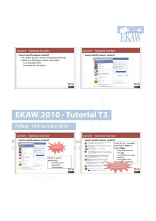 5,.*($'#!N!"(,.:##6!D@(8<).!                                    5,.*($'#!N!"(,.:##6!D@(8<).!
    •!#(-9#&-#30)".=@#4)*)/$"-"&)"&e#                            •!#(-9#&-#30)".=@#4)*)/$"-"&)"&e#
        •!#4.!,())!%-'7!<$#,.77!P,#*%.*%!$.%$'./()!(*+!B)%.$'*0R!
        •!!%4'K.$!(*+!"(,.:##6!%#!#:%('*!7#&$,.!+(%(!
             •!!&7.!%-.!<&:)',!MGC7!!
             •!!.@(8'*.!%-.'$!)'8'%(=#*7!




  EKAW 2010 • Tutorial T3
  Friday • 15th october 2010
    5,.*($'#!N!"(,.:##6!D@(8<).!                                    5,.*($'#!N!"(,.:##6!D@(8<).!

Knowledge Acquisition from Social Networking Sites
  •!#(-9#&-#30)".=@#4)*)/$"-"&)"&e# •!#(-9#&-#30)".=@#4)*)/$"-"&)"&e#
                                                                         •!h7'*09!"#$!.Y0Y9!8.77(0.7!
                                                                                                      <&:)'7-.+!#*!O$**'!#"!
Z. Zhang, A.E. Cano, K. Elbedweihy, A.-S. Dadzie
                         5.($,-e!                                                                     $.)(%.+!D$;)'#
                                                                                                          •!!%.*7!#"!%-#&7(*+7!#"!
                                                                                                           8.77(0.7!
                                                                                                           •!!/.$;!+'i,&)%!%#!(*();7.!
                                         •!!-#4!%#!7.($,-!                                                 8(*&());o!
                                                                                                           •!!8&7%!8(6.!&7.!#"!
                                         .j.,=/.);e!!
                                                                                                           (&%#8(=,!<$#,.77'*0!
                                            •!!C*+'/'+&()!&7.$7e!
                                            •!!A.;4#$+7e!!                                           S#4!%#!+#!%-'7!
                                            •!!X$#&<7Z<(0.7e!                                      <$#0$(88(=,());e!
 