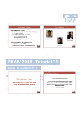 5%$&,%&$.!#"!2&%#$'()!                                                 2-.!G$.7.*%.$7!
   •! 5-4"3";#')''3-"#?#&()-4@#
     –! 2-.!8#=/(=#*1!7#,'()!*.%4#$6'*0!7'%.7!(*+!%-.!&7(0.!
        #"!%-.!+(%(!'*!$.7.($,-!
     –! 2-.!8.%-#+71!6*#4).+0.!(,?&'7'=#*!
        •! H#*%.*%!$.%$'./()!(*+!B)%.$'*0!
        •! !*"#$8(=#*!A@%$(,=#*!ICDJ!(*+!!                             H3>3#H($";#
        •! B(%&$()!C(*0&(0.!D$#,.77'*0!IEFGJ!                    AM!%-$#&0-!CD!(*+!EFG!
                                                                                                                       K($038$#A*2)09)3(@#
                                                                                                                       "(,.:##6!&7.!L!MGC7!

   •! 1E)4"--"#')''3-"#?#F4$6.6$*#)G)463')'#
     –! &7'*0!%4'K.$!L!"(,.:##6!MGC7!
     –! &7'*0!CD!(*+!EFG!%##)7!"#$!6*#4).+0.!(,?&'7'=#*!                                       A*3I$2)&(#J$"-#
                                                                                              %4'K.$!&7.!L!MGC7!




  EKAW 2010 • Tutorial T3
  Friday • 15th october 2010
                                                               5#,'()!>.+'(!G)(O#$87!

Knowledge Acquisition from Social Networking Sites
           >#$*'*0!5.77'#*!N!2-.#$;#                                               M!!"#$%&'()*$%'+&%,"-(!<$#/'+.71!
Z. Zhang, A.E. Cano, K. Elbedweihy, A.-S. Dadzie
                                                                    !P(!0$#&<!#"!C*%.$*.%Q:(7.+!(<<)',(=#*7!%-(%!:&')+!#*!
       &()#LM-*0#53")N#?#%'$;)#-=#0$&$#=4-,##                       %-.!'+.#)#0',()!(*+!%.,-*#)#0',()!"#&*+(=#*7!#"!O)2#
         /#+.*%)"&4$#2!."()/.4&/)3"#4)')$46(#                       PQR9!(*+!%-(%!())#4!%-.!,$.(=#*!(*+!.@,-(*0.#-=#%')4<
                                                                                      ;)")4$&)0#6-"&)"&R!
                                                                                          N!A(<)(*!L!S(.).'*!ITUVUJ!
 