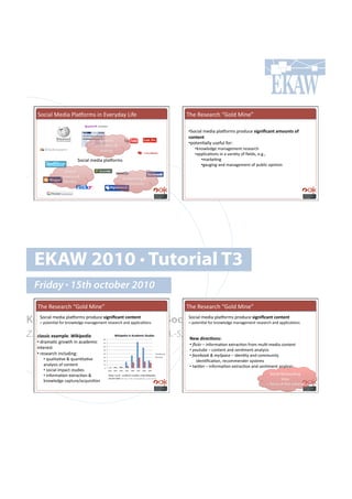 5#,'()!>.+'(!G)(O#$87!'*!D/.$;+(;!F'".!                                                                                 2-.!W.7.($,-!PX#)+!>'*.R!

                                                                                                                            •!5#,'()!8.+'(!<)(O#$87!<$#+&,.!'3;"3S6$"&!$,-%"&'#-=#
                                                                                                                            6-"&)"&#
                                     H#*%.*%!
                                                                                                                            •!<#%.*=());!&7."&)!"#$1!!
                                   0.*.$(=#*!L!
                                     7-($'*0!
                                                                                                                               •!6*#4).+0.!8(*(0.8.*%!$.7.($,-!!
                                                                                                                               •!(<<)',(=#*7!'*!(!/($'.%;!#"!B.)+79!.Y0Y9!
                         5#,'()!8.+'(!<)(O#$87!                                                                                    •!8($6.=*0!
                                                                                                                                   •!0(&0'*0!(*+!8(*(0.8.*%!#"!<&:)',!#<'*'#*!
                   3*)'*.!
                <$.7.*,.!L!                                      E.%4#$6'*0!L!
                  '+.*=%;!                                        ,#88&*'%;!




   EKAW 2010 • Tutorial T3
   Friday • 15th october 2010
    2-.!W.7.($,-!PX#)+!>'*.R!                                                                                               2-.!W.7.($,-!PX#)+!>'*.R!

Knowledge Acquisition from Social Networking Sites
  5#,'()!8.+'(!<)(O#$87!<$#+&,.!'3;"3S6$"&!6-"&)"&## 5#,'()!8.+'(!<)(O#$87!<$#+&,.!'3;"3S6$"&!6-"&)"&##
     ?!<#%.*=()!"#$!6*#4).+0.!8(*(0.8.*%!$.7.($,-!(*+!(<<)',(=#*7!                                                          ?!<#%.*=()!"#$!6*#4).+0.!8(*(0.8.*%!$.7.($,-!(*+!(<<)',(=#*7!


Z. Zhang, A.E. Cano, K. Elbedweihy, A.-S. Dadzie
   6*$''36#)G$,F*)1!5.!.6&'.*)
                                       aU!
                                                      O3:3F)03$#3"#16$0),36#T&%03)'##
                                           B)9#034)6.-"'U##
    •!!+$(8(=,!0$#4%-!'*!(,(+.8',!     `U!
                                                                                                                             •!!.$#/-!N!'*"#$8(=#*!.@%$(,=#*!"$#8!8&)=Q8.+'(!,#*%.*%!
    '*%.$.7%!!                         _U!

                                       ^U!                                                                                   •!!0"1213)!N!,#*%.*%!(*+!7.*=8.*%!(*();7'7!
    •!!$.7.($,-!'*,)&+'*01!            ]U!                                                                   H#*".$.*,.7!
                                                                                                                             •!!4%#)3""/'5'(06+%#)'N!'+.*=%;!(*+!,#88&*'%;! ! !!
       •!!?&()'%(=/.!L!?&(*=%(=/.!!
                                       U!                                                                   c#&$*()7!

                                       TU!                                                                                        !'+.*=B,(=#*9!$.,#88.*+.$!7;7%.87!
       (*();7'7!#"!,#*%.*%!            VU!
                                                                                                                             •!!27$8)-!N!'*"#$8(=#*!.@%$(,=#*!(*+!7.*=8.*%!(*();7'7!
       •!!7#,'()!'8<(,%!7%&+'.7!
                                        U!
                                             TUUT!   TUU!   TUU]!   TUU^!   TUU_!   TUU`!   TUUa!   TUUb!


       •!!'*"#$8(=#*!.@%$(,=#*!L!            G(<.$!,#&*%!Q!(,(+.8',!7%&+'.7!&7'*0!['6'<.+'(!                                                                             5#,'()!E.%4#$6'*0!
       6*#4).+0.!,(<%&$.Z(,?&'7'=#*!
                                             5#&$,.!+(%(1!http://en.wikipedia.org/wiki                                                                                          5'%.7!
                                                                                                                                                                      !N!"#,&7!#"!%-'7!%&%#$'()!
 