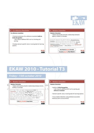 CD!N!H#Q$.".$.*,.!W.7#)&=#*!                                        CD!N!W.)(=#*!D@%$(,=#*!
    J-<4)=)4)"6)#4)'-*%.-"!                                             l)*$.-"#AG&4$6.-"!
                                                                           •!!+.%.,%!(*+!,)(77'";!7.8(*=,!$.)(=#*7-'<7!:.%4..*!
       •!!H#88#*!<$#,.77.7!#"!,#Q$.".$.*,.!$.7#)&=#*!2%3*0#-"#             #:f.,%79!.*==.7!#$!,#*,.<%7!
       A".&@#l)6-;"3.-"#
           •!!()7#!$.?&'$.!(++'=#*()!EFG!7&,-!(7!,-&*6'*0!(*+!          Cristiano Ronaldo dos Santos Aveiro, who plays as a
           <($7'*0!                                                     forward, served as captain of the Portuguese national
                                                                        football team during the FIFA 2010 World Cup. Ronaldo
                                                                        currently holds the distinction of being the most
       •!#D8<)#;7!+#8('*Q7<.,'B,!$&).7!#$!%$('*'*0!+(%(!"#$!).($*'*0!   expensive player in football history, in a transfer deal
                                                                        from Manchester United to Real Madrid worth £80 million
       7;7%.87!                                                         (!94m, US$132m).


                                                                                          l)$*#5$0430#a2-%;(&b#l-"$*0-#
                                                                                         l-"$*0-#aF*$@'#=-4b#Real Madrid #




  EKAW 2010 • Tutorial T3
  Friday • 15th october 2010
    CD!N!W.)(=#*!D@%$(,=#*!                                             CD!N!W.)(=#*!D@%$(,=#*!

Knowledge Acquisition from Social Networking Sites
  l)*$.-"#AG&4$6.-"!
     •!!+.%.,%!(*+!,)(77'";!7.8(*=,!$.)(=#*7-'<7!:.%4..*!%.$879!
                                                                 l)*$.-"#AG&4$6.-"!

       .*==.7!#$!,#*,.<%7!                                                 •!!:&')+7!#*!A".&@#l)6-;"3.-"!
Z. Zhang, A.E. Cano, K. Elbedweihy, A.-S. Dadzie
                                             •!!()7#!$.?&'$.7!(++'=#*()!EFG!7&,-!(7!<($7'*09!6-<
    On 15 May 2004, <E CLASS ="ORGANISATION">FIFA</E>
                                             4)=)4)"6)#4)'-*%.-"#
    President, <E CLASS="PERSON">Sepp Blatter</E> announced
    that <E CLASS ="LOCATION">South Africa</E> would be the
    host of the 2010 FIFA World Cup. According to research by              •!!p#8('*Q7<.,'B,!$&).7!#$!%$('*'*0!+(%(!"#$!).($*'*0!7;7%.87!
    <E CLASS ="ORGANISATION">Grant Thornton</E>, the World Cup
    will contribute <E CLASS ="MONEY">R55,7 billion</E> to the
    South African economy between 2006 and 2010, generate                  •!!k&‡‡;!$.)(=#*!+.%.,=#*!&7'*0!7%(=7=,()!(77#,'(=#*!
    415,400 jobs and contribute <E CLASS ="MONEY">R19,3
    billion</E> in income tax to government.
                                                                           8.(7&$.7!I%.$8!,#Q#,,&$$.*,.J!

                [![1#a($'uD4)'30)"&b#T)FF#Z*$_)4#
 