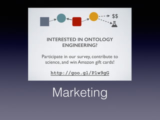 INTERESTED IN ONTOLOGY 
ENGINEERING? 
Participate in our survey, contribute to 
science, and win Amazon gift cards! 
http://goo.gl/P1w9gG 
$$ 
Marketing 
