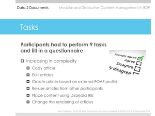 Tasks
Participants had to perform 9 tasks
and fill in a questionnaire
¤  Increasing in complexity
¤  Copy article
¤  Edit ...