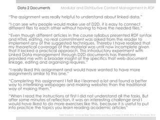“The assignment was really helpful to understand about linked data.”
“I can see why people would make use of D2D, it is ea...