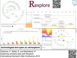 22
Osborne, F., Motta, E. and Mulholland, P.
Exploring scholarly data with Rexplore.
International Semantic Web Conference...
