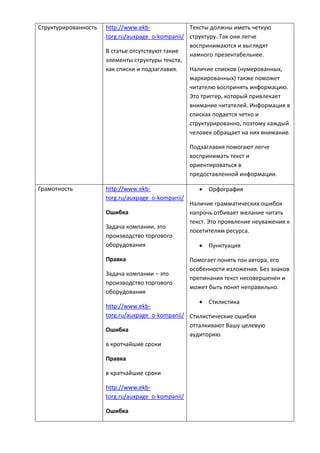 Структурированность http://www.ekb-
torg.ru/auxpage_o-kompanii/
В статье отсутствуют такие
элементы структуры текста,
как списки и подзаглавия.
Тексты должны иметь четкую
структуру. Так они легче
воспринимаются и выглядят
намного презентабельнее.
Наличие списков (нумерованных,
маркированных) также поможет
читателю воспринять информацию.
Это триггер, который привлекает
внимание читателей. Информация в
списках подается четко и
структурированно, поэтому каждый
человек обращает на них внимание.
Подзаглавия помогают легче
воспринимать текст и
ориентироваться в
предоставленной информации.
Грамотность http://www.ekb-
torg.ru/auxpage_o-kompanii/
Ошибка
Задача компании, это
производство торгового
оборудования
Правка
Задача компании – это
производство торгового
оборудования
http://www.ekb-
torg.ru/auxpage_o-kompanii/
Ошибка
в кротчайшие сроки
Правка
в кратчайшие сроки
http://www.ekb-
torg.ru/auxpage_o-kompanii/
Ошибка
 Орфография
Наличие грамматических ошибок
напрочь отбивает желание читать
текст. Это проявление неуважения к
посетителям ресурса.
 Пунктуация
Помогает понять тон автора, его
особенности изложения. Без знаков
препинания текст несовершенен и
может быть понят неправильно.
 Стилистика
Стилистические ошибки
отталкивают Вашу целевую
аудиторию.
 