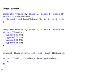  Домен данных
template <class K, class V, class E, class M>
struct TLoadFunction {
  virtual void Load(IGraph<K, V, E, M>*) = 0;
}
template <class K, class V, class E, class M>
struct TDomain {
  typedef K TK;
  typedef V TV;
  typedef E TE;
  typedef M TM;
}
typedef TDomain<int, int, int, int> TMyDomain;
struct TLoad : TLoadFunction<TMyDomain> {
  ...
};
27
 